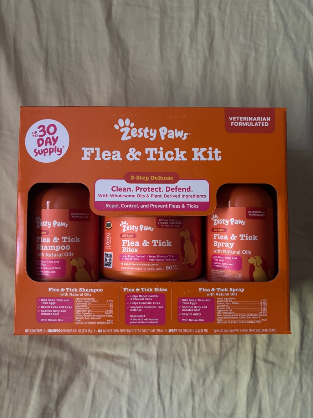 Zesty Paws Flea & Tick Kit: Shampoo + Spray + Bites, Adult Dogs 3 Pack